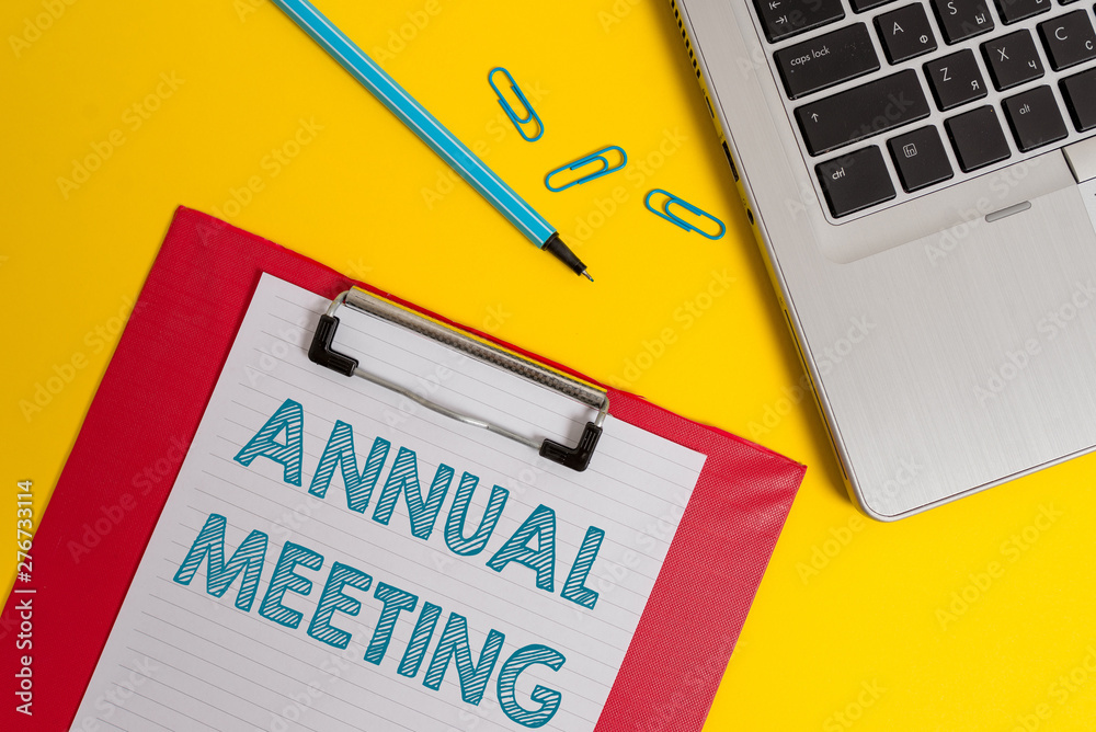 Word writing text Annual Meeting. Business photo showcasing Yearly gathering of an organization interested shareholders Open laptop clipboard blank paper sheet marker clips colored background Word writing text Annual Meeting. Business photo showcasing Yearly gathering of an organization interested shareholders Open laptop clipboard blank paper sheet marker clips colored background