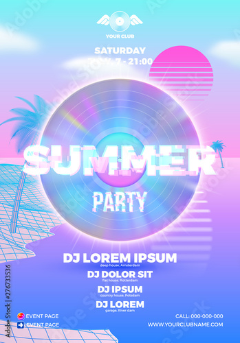 Beach party poster for clubbing dance event with vaporwave, 80s retro or synth wave style and palm trees