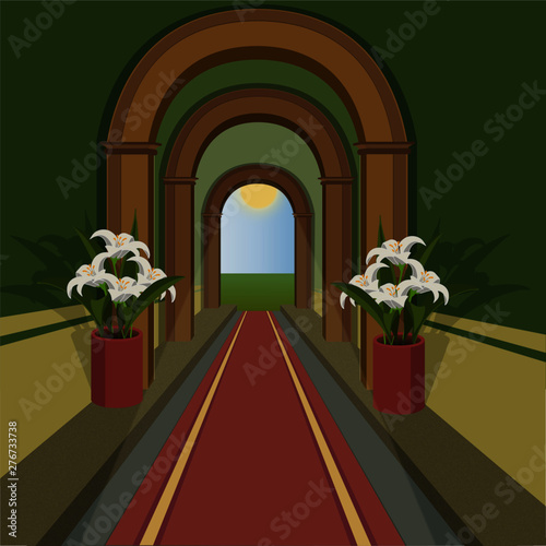 Elegante corridoio in prospettiva con arcate in legno, tappeto rosso e vasi laterali con grandi gigli bianchi. Apertura verso l'esterno  in un prato verde con cielo azzurro e sole splendente.
