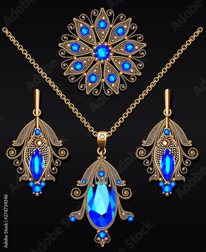 Fotografering Illustration of a set of jewelry from a brooch pendant and earrings with precious stones