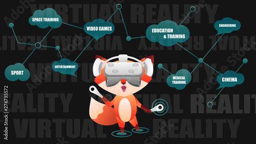Cute fox wearing virtual reality headset, vr reality variants of usage. Vector illustration showing the field where virtual reality can be used. Cyber black background