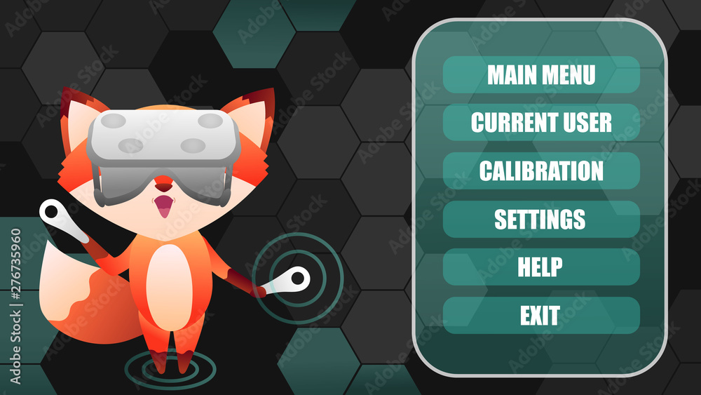 Fox wearing virtual reality headset and entering online account menu on black background, vr reality. Vector illustration. Cyber background