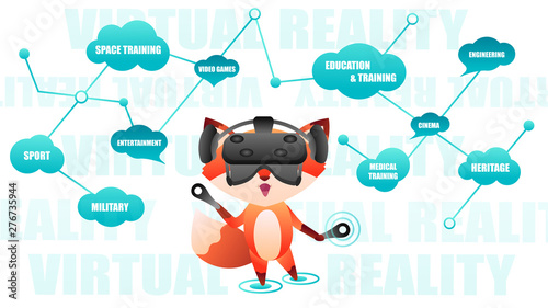 Cute fox wearing virtual reality headset, vr reality variants of usage. Vector illustration showing the field where virtual reality can be used. Cyber white background