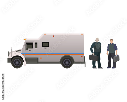 Armored money carrier vehicle vector bank van transport car side view illustration armor set of minivan truck with money security man people in security guard character isolated on white background