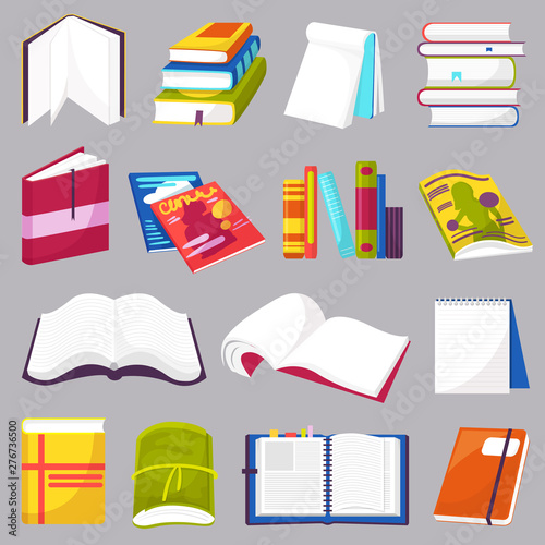 Books vector opened diary story-book and notebook on bookshelves in library or bookstore illustration set of bookish cover of school literature handbook isolated on background