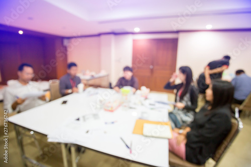 blurry image. startup business team brainstorming on meeting workshop. team working on project together and sharing ideas in workshop