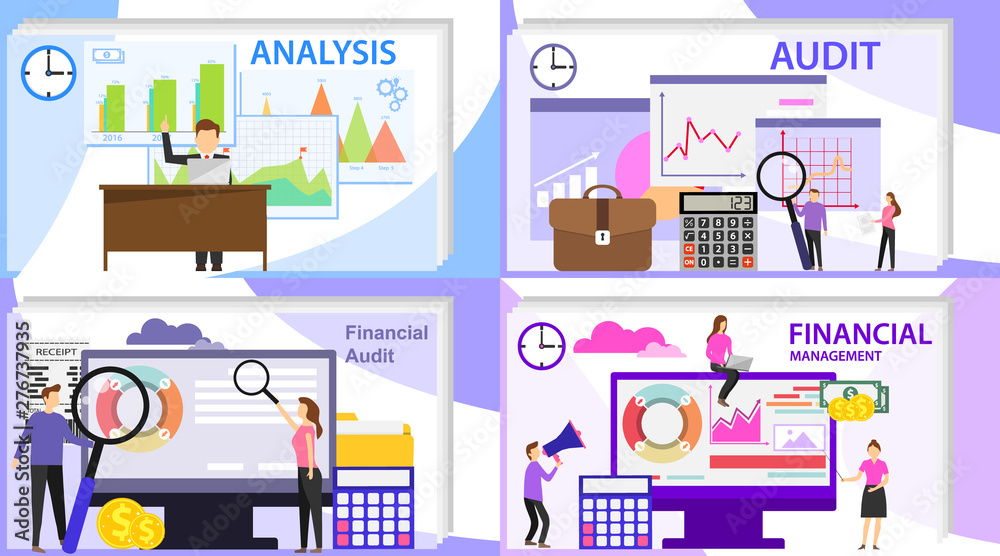Financial analysis, audit of an enterprise, mini people conduct financial audits. Vector illustration