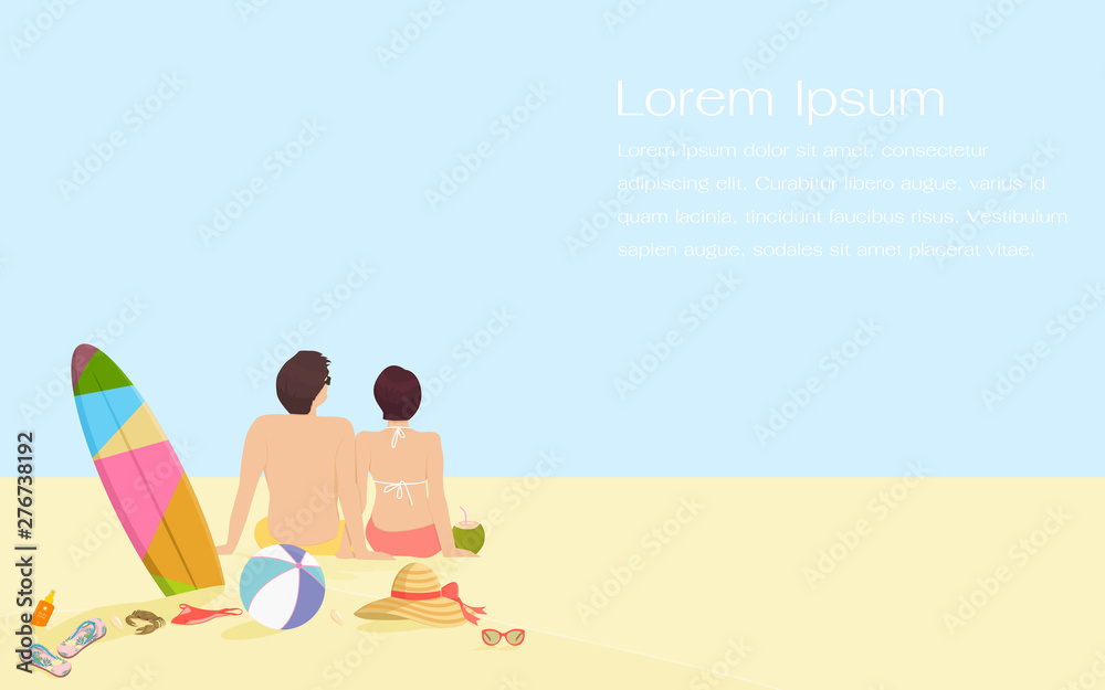 Young man and woman on holidays or honeymoon. Romantic couple sitting together on beach with summer items. Flat design vector illustration in cartoon style.
