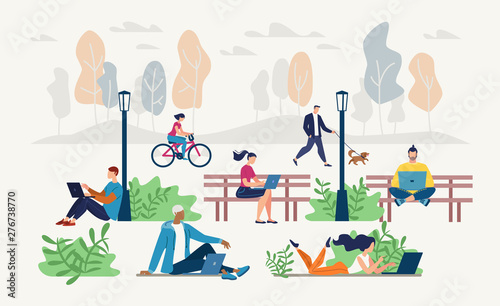 People Networking in City Park Flat Vector Concept