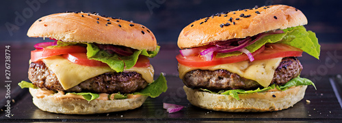 Big sandwich - hamburger burger with beef, tomato, cheese and lettuce. Banner