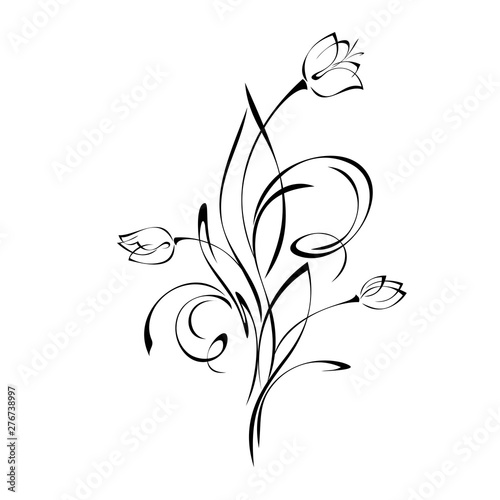 three stylized buds on stems with leaves and curls in black lines on white background