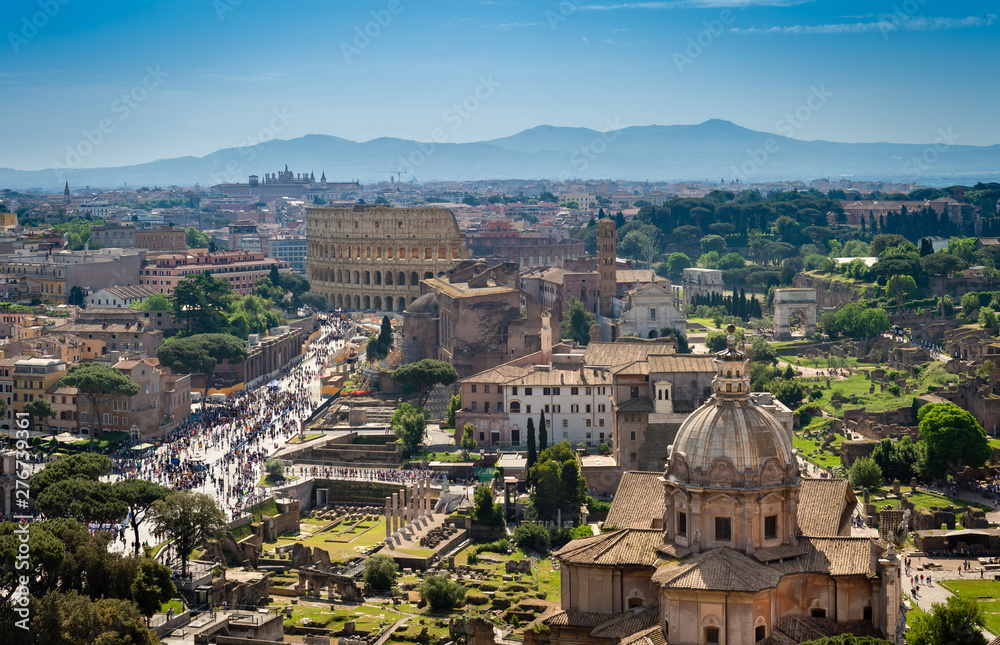 Aerial view of  Roman Forum and Coliseum in Rome, Italy.