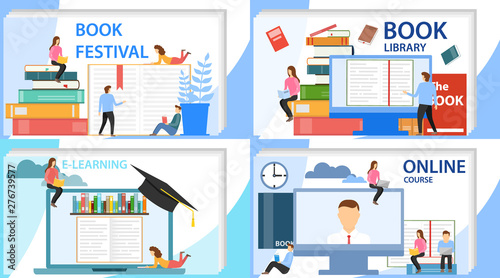 Online education, online courses, online library. The concept of a book festival. Vector illustration of a learning