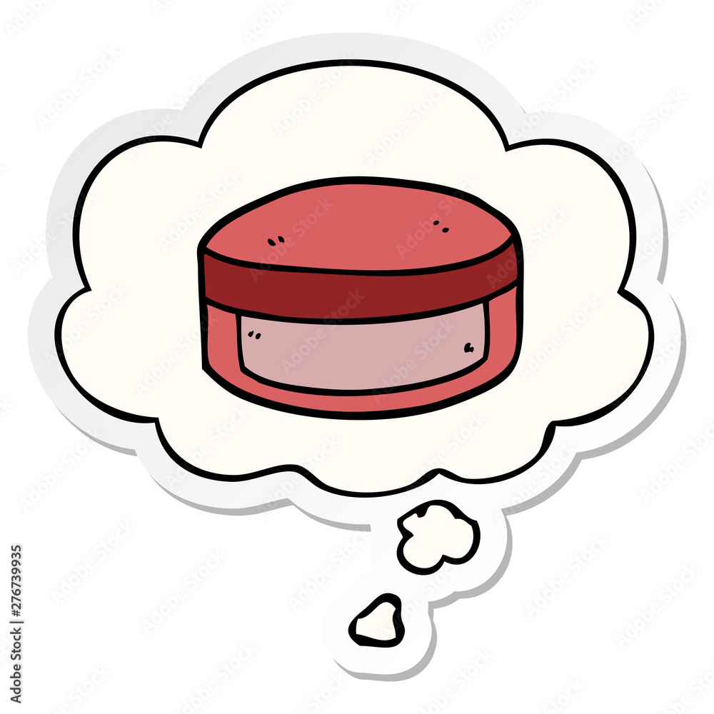 cartoon beauty lotion tub and thought bubble as a printed sticker cartoon beauty lotion tub and thought bubble as a printed sticker