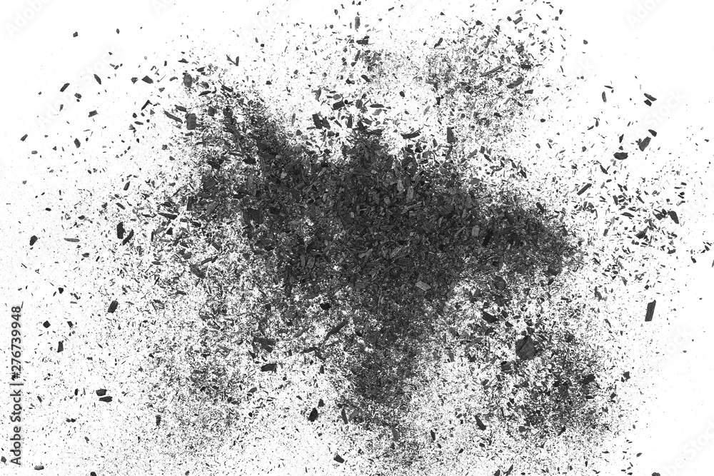 Obraz premium Black charcoal dust, gunpowder isolated on white background and texture, top view