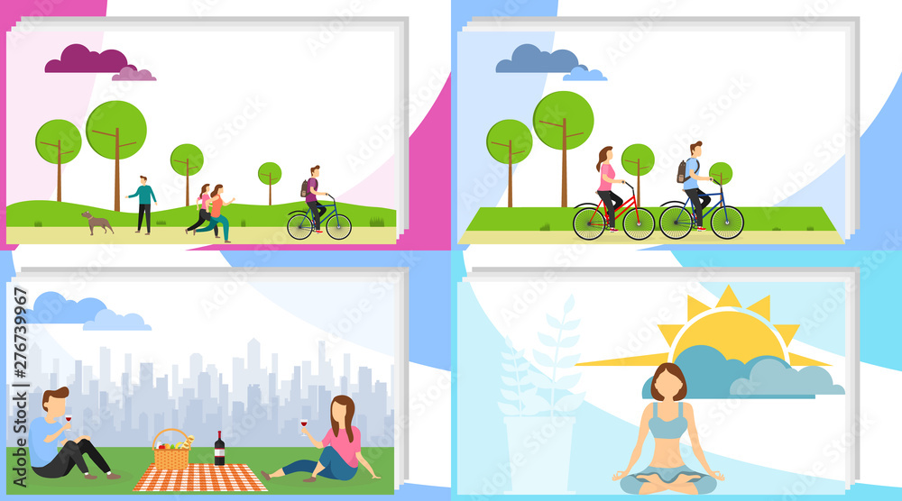 People are actively relaxing. People actively spend time in the park, relax, have a picnic, meditate. Vector illustration of the concept of outdoor