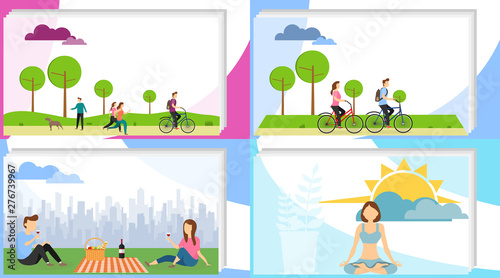 People are actively relaxing. People actively spend time in the park  relax  have a picnic  meditate. Vector illustration of the concept of outdoor