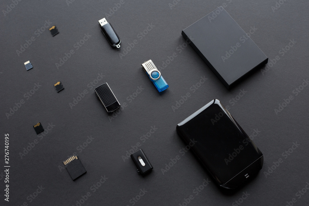 Modern digital devices for the transfer and storage of information. Flash drives, external hard disks and memory cards. Modern digital devices for the transfer and storage of information. Flash drives, external hard disks and memory cards.