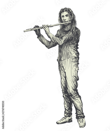 Flute player. Folk music festival hand drawn vector illustration
