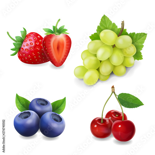Fototapeta Naklejka Na Ścianę i Meble -  Sweet berry collection. Grape, strawberry, blueberry. cherry Realistic illustration vector icon set