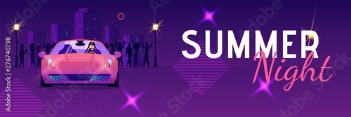 Bright Banner Summer Night Lettering Cartoon.