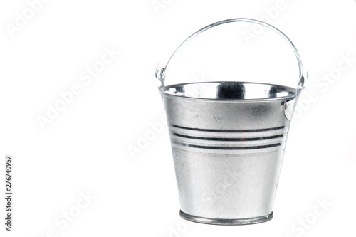 Small galvanized bucket on white background.