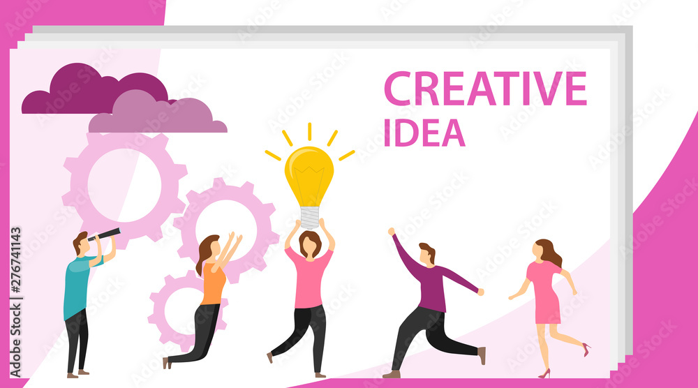 Creative idea. People are having fun with a new business idea. A woman holds a light bulb above her head.