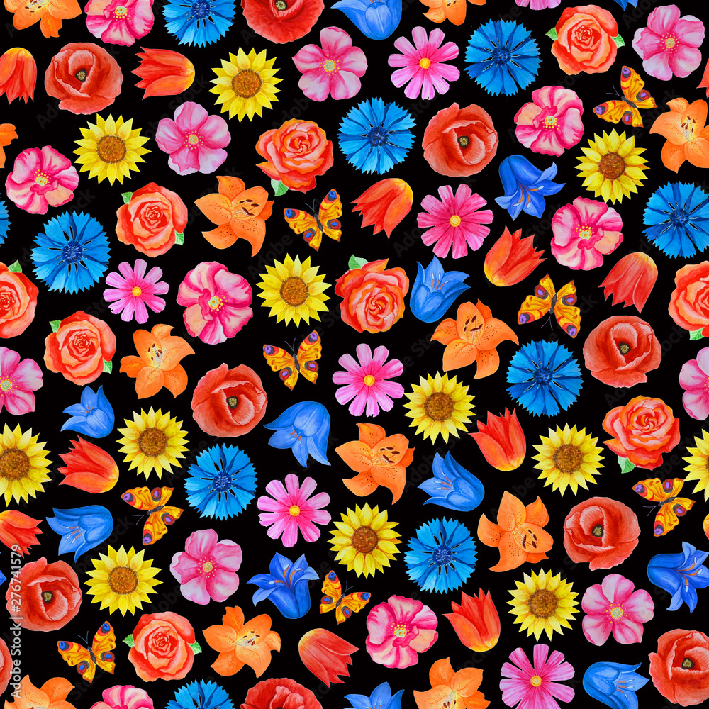 Seamless floral pattern on black background. Different bright flowers.
