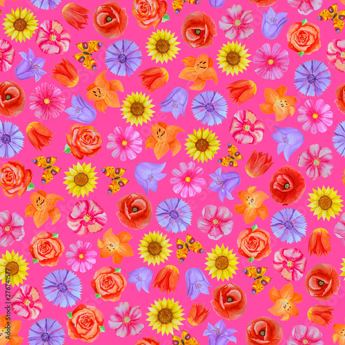 Seamless floral pattern on pink background. Different bright flowers.