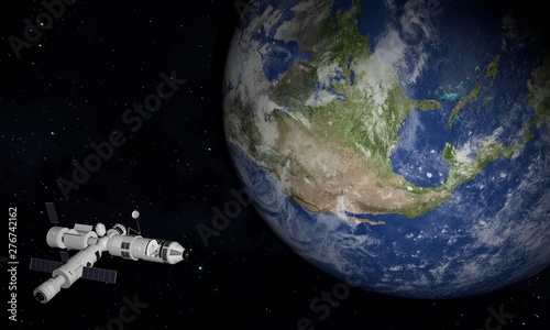 Space Station Orbiting Earth. 3D Illustration.