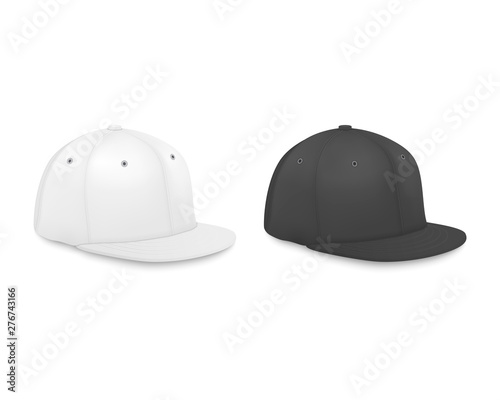 Vector 3d Realistic Render White and Black Blank Baseball Cap Icon Set Closeup Isolated on White Background. Design Template for Mock-up, Branding, Advertise. Side View