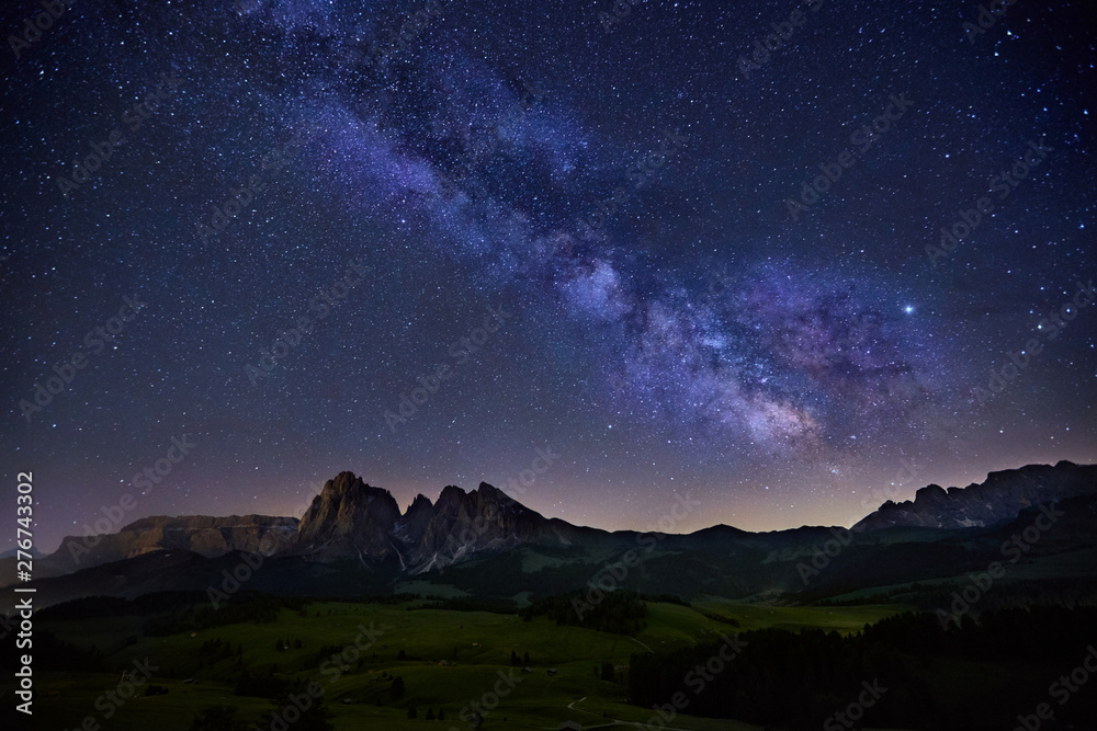 Milky Way over Alpe di Siusi in Dolomites, Italy
