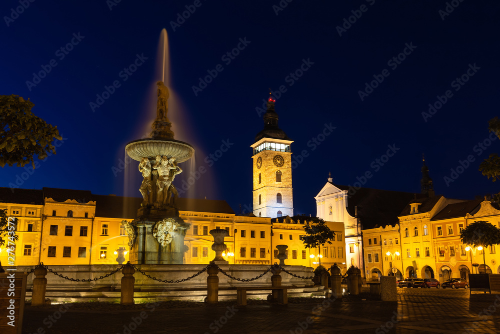 Naklejka premium Historic center of Ceske Budejovice at night, Budweis, Budvar, South Bohemia, Czech Republic, Europe.