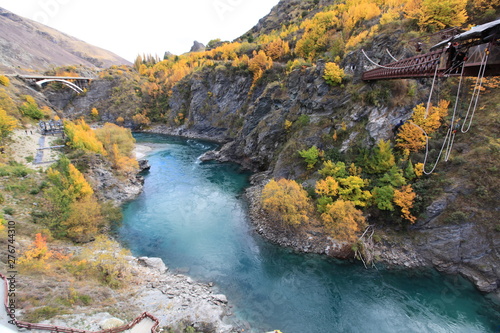 excite activity jumping from kawaru bridge into the blue river in authumn seaaon