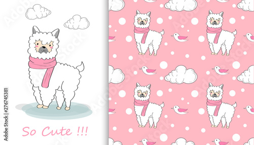 Vector illustration and seamless pattern with cute llama. Pattern for fabric, baby clothes, background, textile, wrapping paper and other decoration.