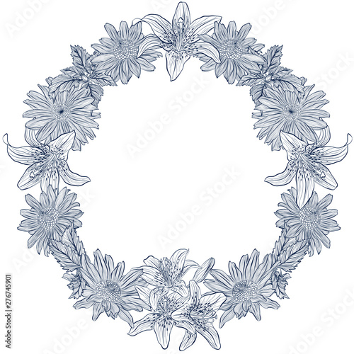 Vector vintage round frame with flowers heliopsis, lilies. Illustration isolated on white background. Template for wedding and birthday card, invitation, greetings.