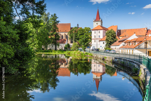 Blatna city. View of a old city square with church. Czech Republic.