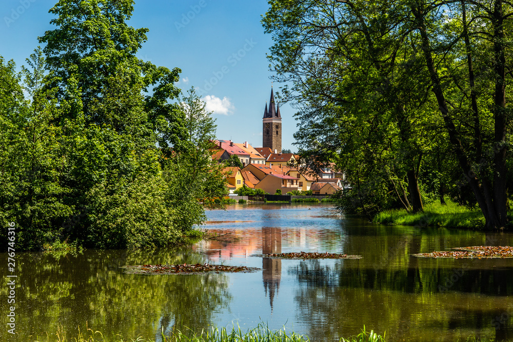 Castle Telc across pond. UNESCO World Heritage Site. South Moravia, Czech Republic.