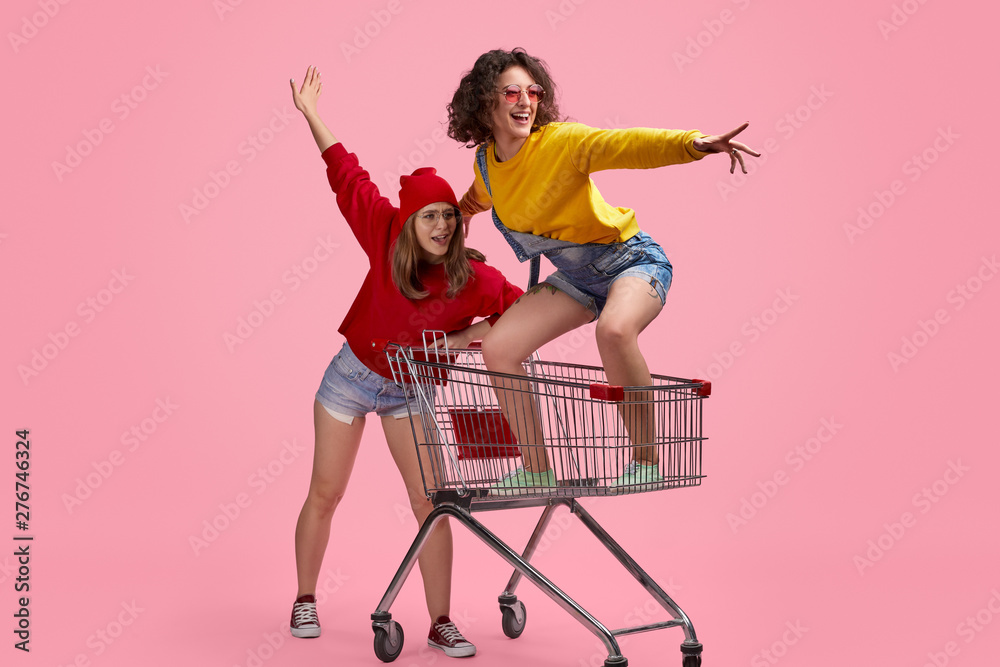 Best friends riding shopping cart - obrazy, fototapety, plakaty 