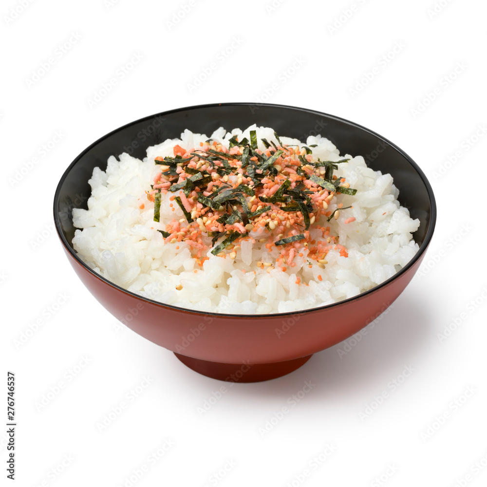 Traditional Japanese bowl with white rice and furikake Traditional Japanese bowl with white rice and furikake