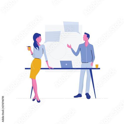 team disscussion, business Meeting, Team discusses social network, news, chat, dialogue speech bubbles near them, negotiate new projects. Discussion on business strategy, planning future, talk on cof