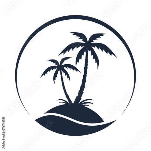 Resort logo with coconut palms and sea. Tropical island graphic icon. Travel symbol isolated on white background. Vector illustration
