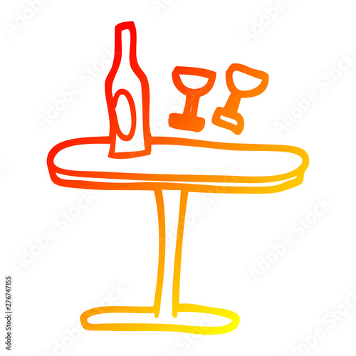 warm gradient line drawing cartoon table with bottle and glasses