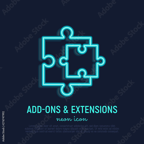 Browser add neon thin line icon: two details of puzzle. Modern vector illustration.
