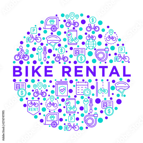 Bike rental concept in circle with thin line icons: rates, bicycle tours, pet trailer, padlock, helmet, child seat, sharing, pointer, deposit, mobile app, cycling route. Modern vector illustration.