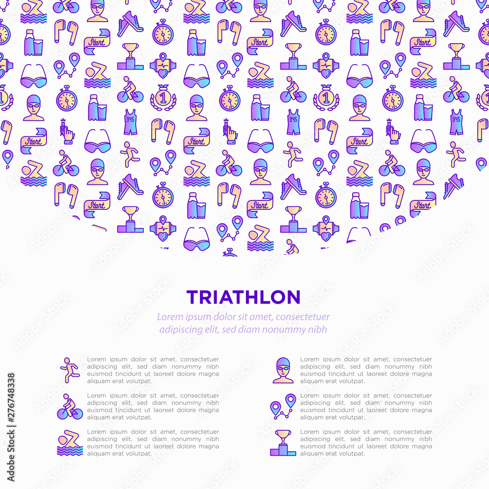 Triathlon concept with thin line icons: runner, swimmer, cycling race, stopwatch, starting, gun, sport glasses, start, victory, success. Modern vector illustration for banner, print media.