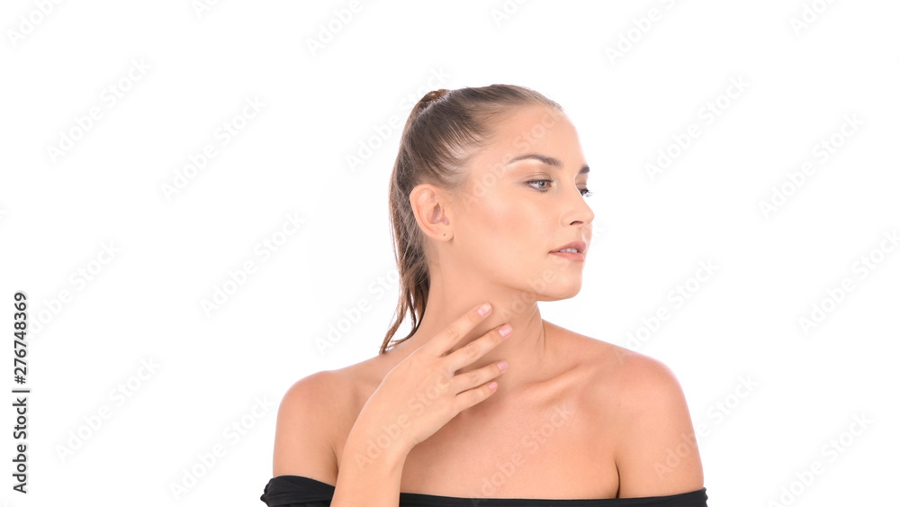 Beauty concept. The woman was touching her skin happily. Beauty concept. The woman was touching her skin happily.