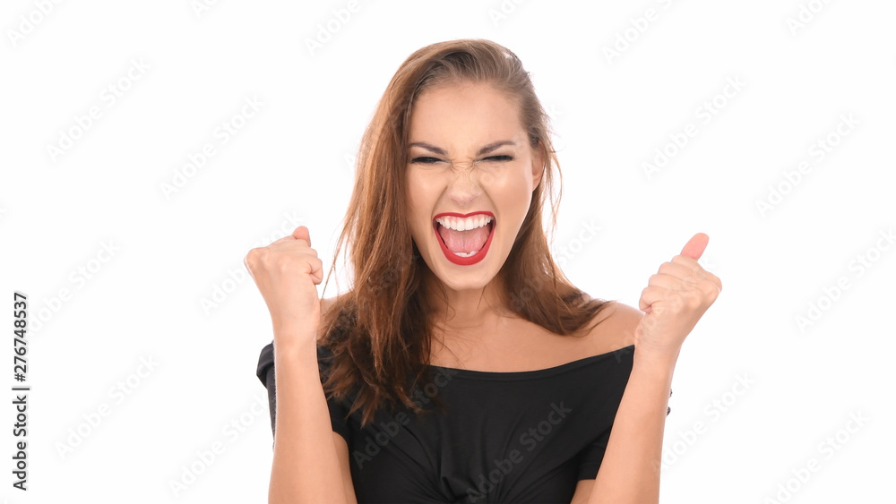 Beauty concept. Women are glad for her success on a white background. Beauty concept. Women are glad for her success on a white background.