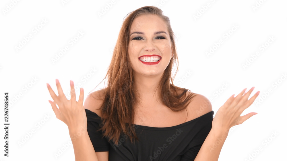 Beauty concept. Women are glad for her success on a white background. Beauty concept. Women are glad for her success on a white background.