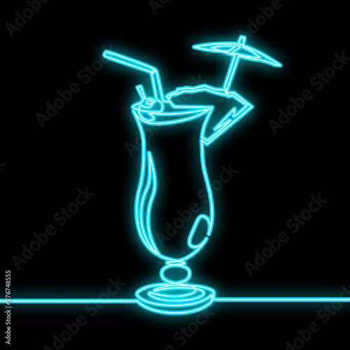 Cocktail Pina Colada. Cyanic neon. Continuous one line drawing. Vector.